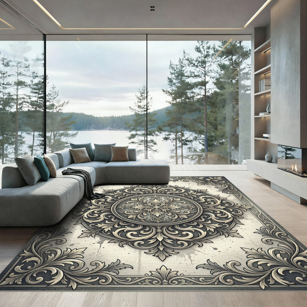 Refined Charcoal Floral Baroque Medallion Rug