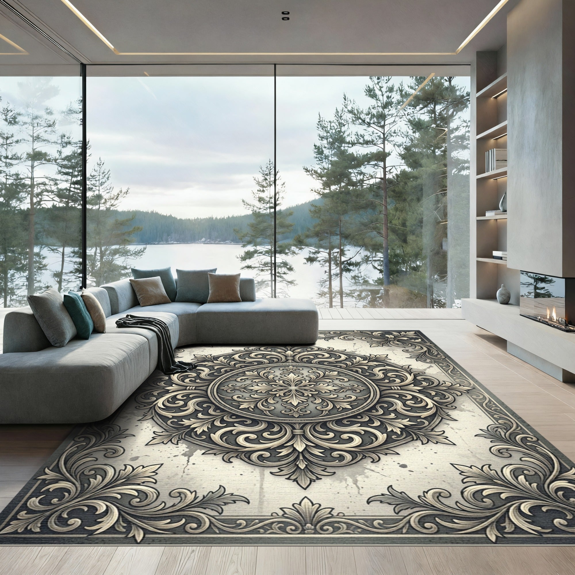 Refined Charcoal Floral Baroque Medallion Rug