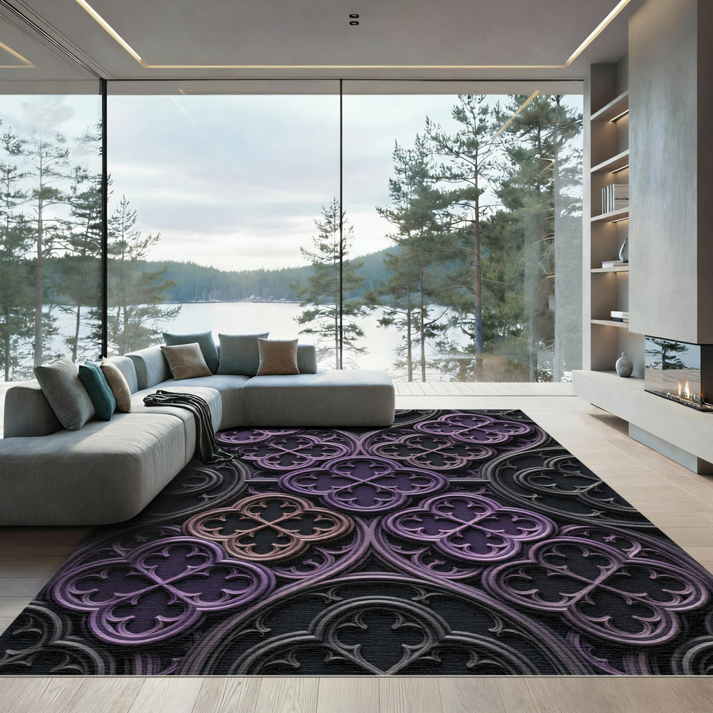 Gothic Violet Quatrefoil Architectural Relief Rug