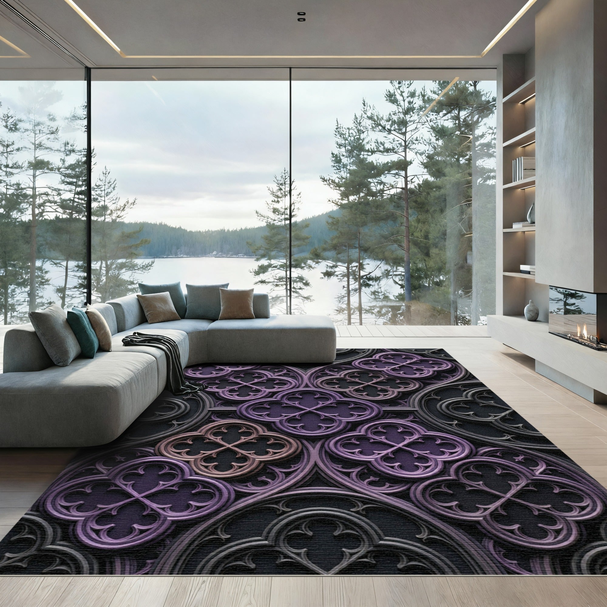 Gothic Violet Quatrefoil Architectural Relief Rug