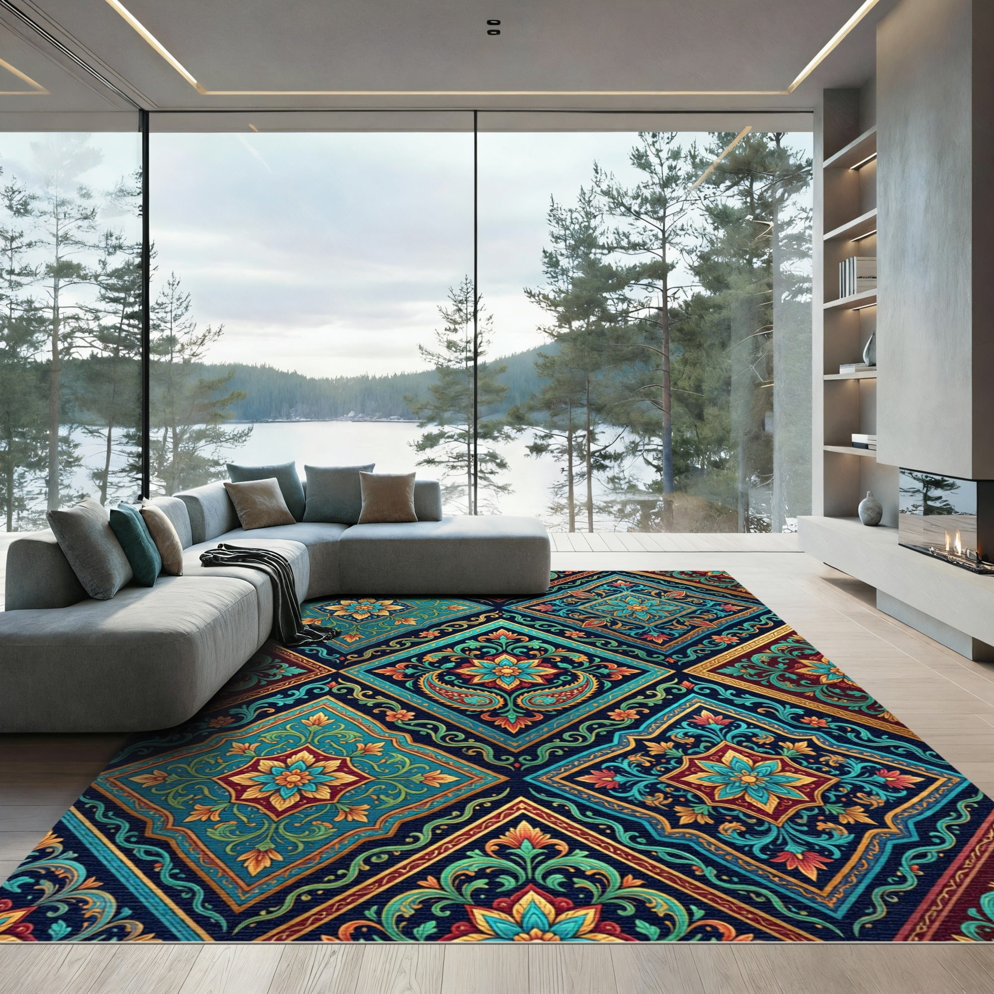 Intricate Teal Gold Paisley Medallion Rug