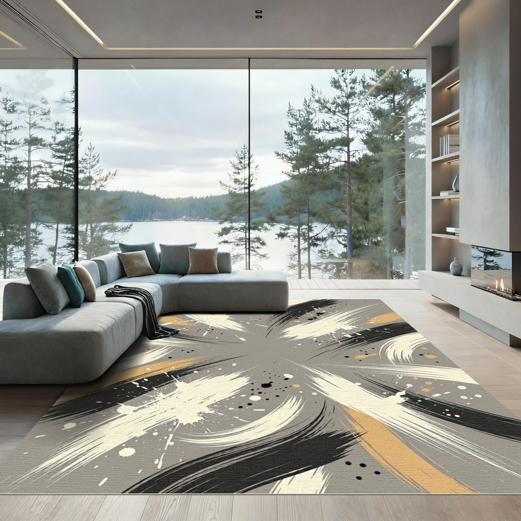 Dynamic Swirls Black Off White Gold Rug