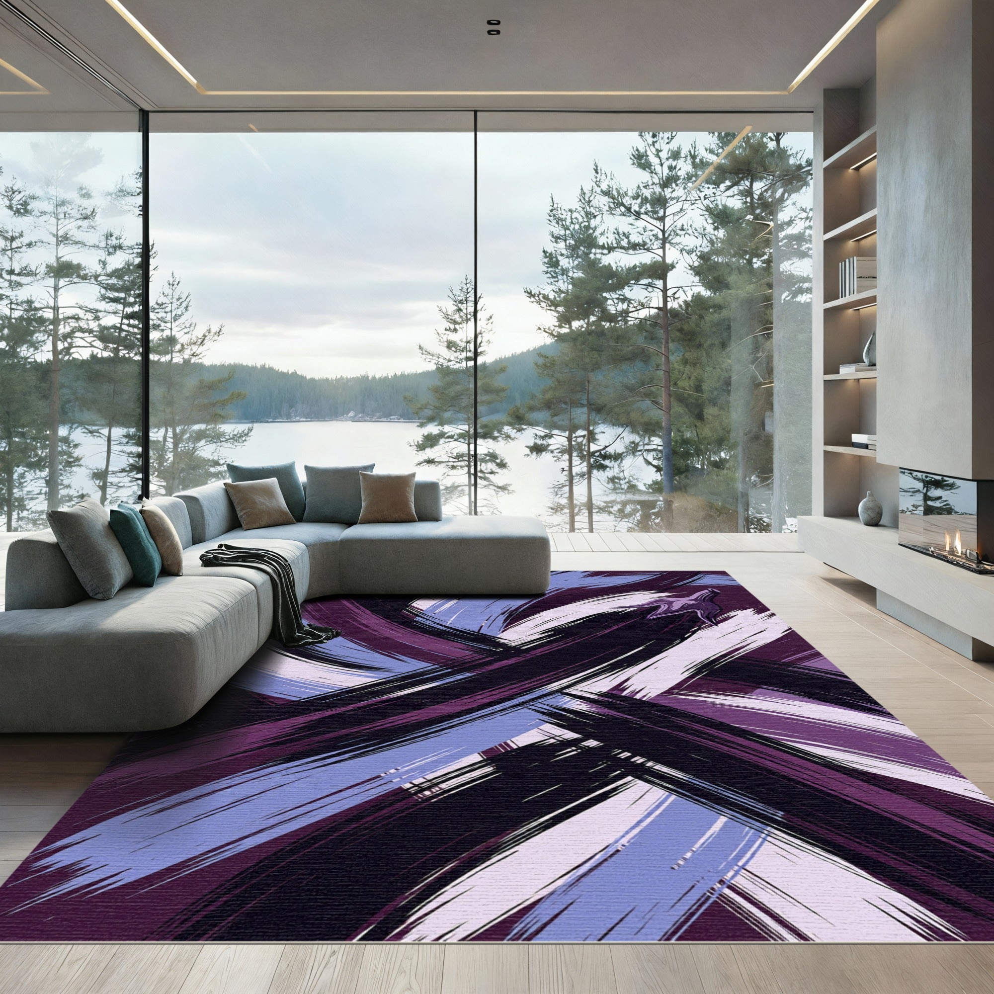 Abstract Purple Brushstroke Swirl Landscape Rug