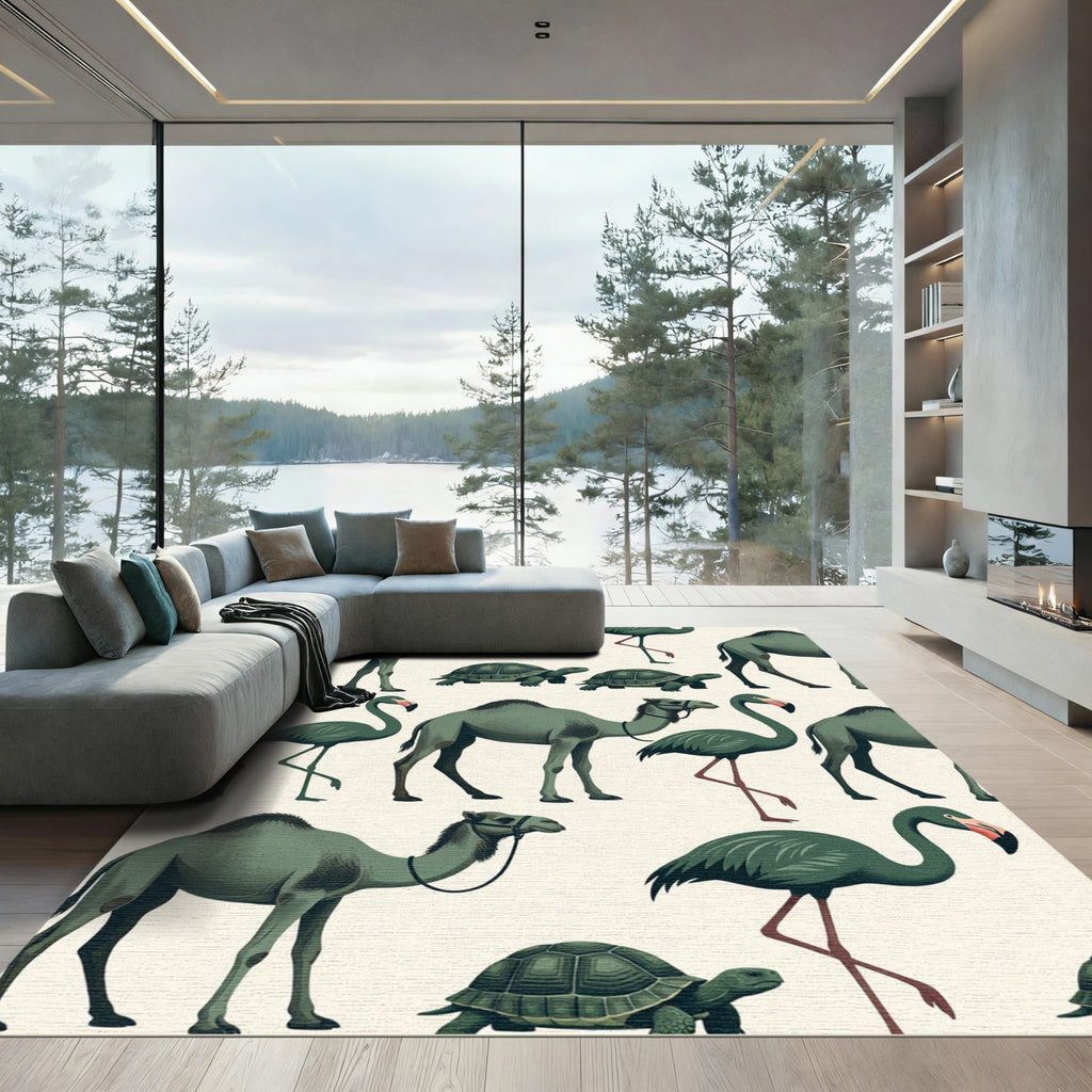 Sage Camel and Flamingo Wildlife Illustration Rug