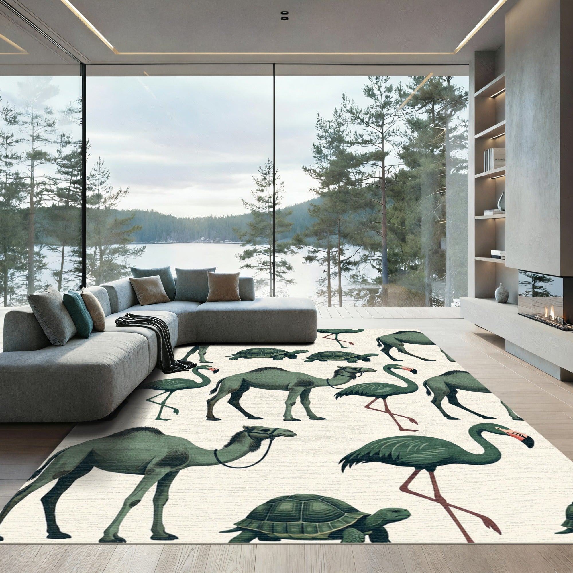 Sage Camel and Flamingo Wildlife Illustration Rug