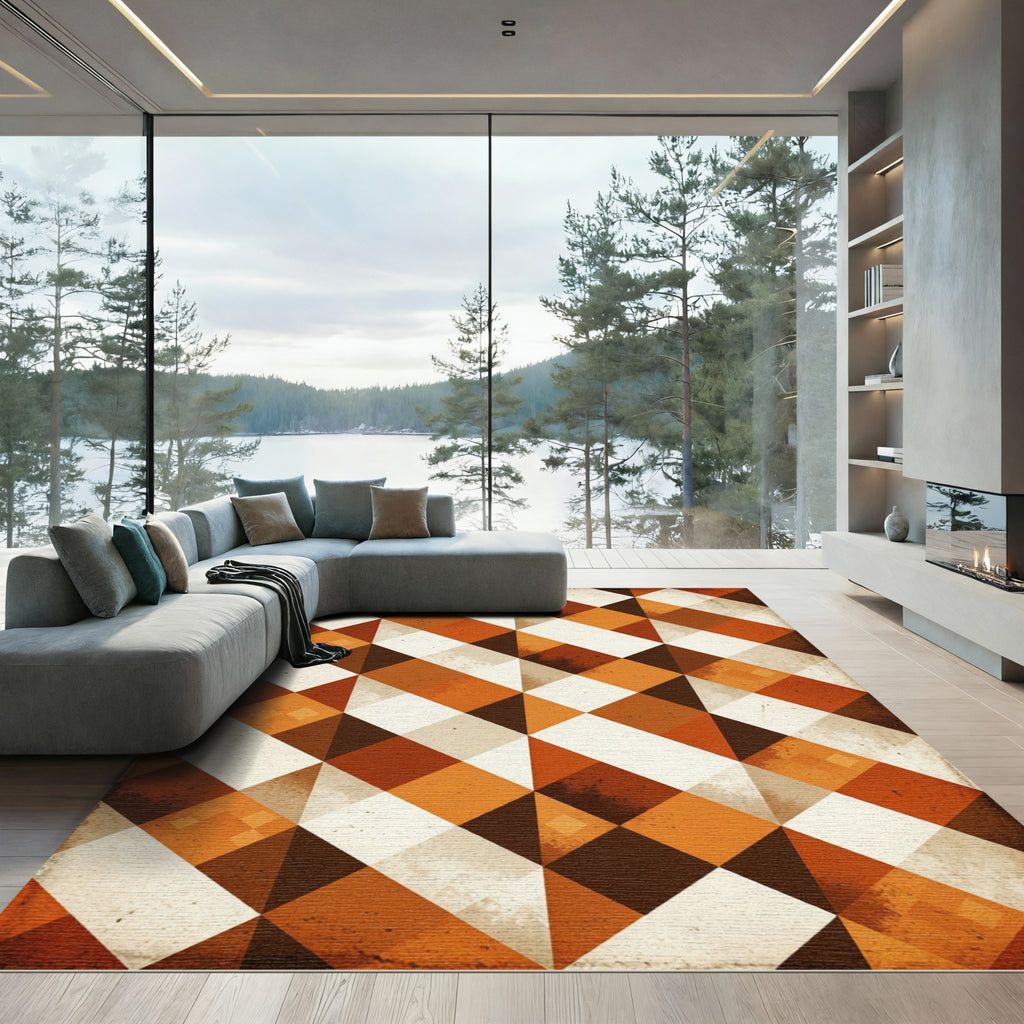Mid-Century Burnt Orange Geometric Diamond Rug