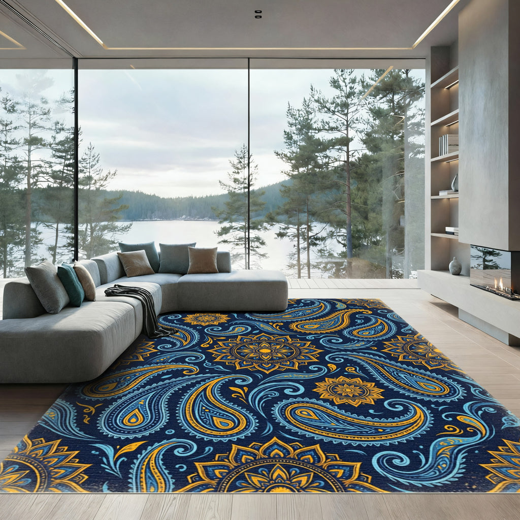 Indigo Blue Gold Paisley Floral Mandala Rug
