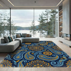 Indigo Blue Gold Paisley Floral Mandala Rug