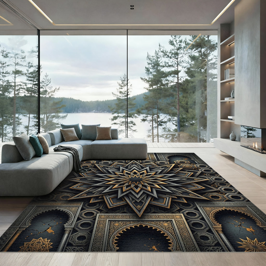 Geometric Gold and Charcoal Celestial Star Rug