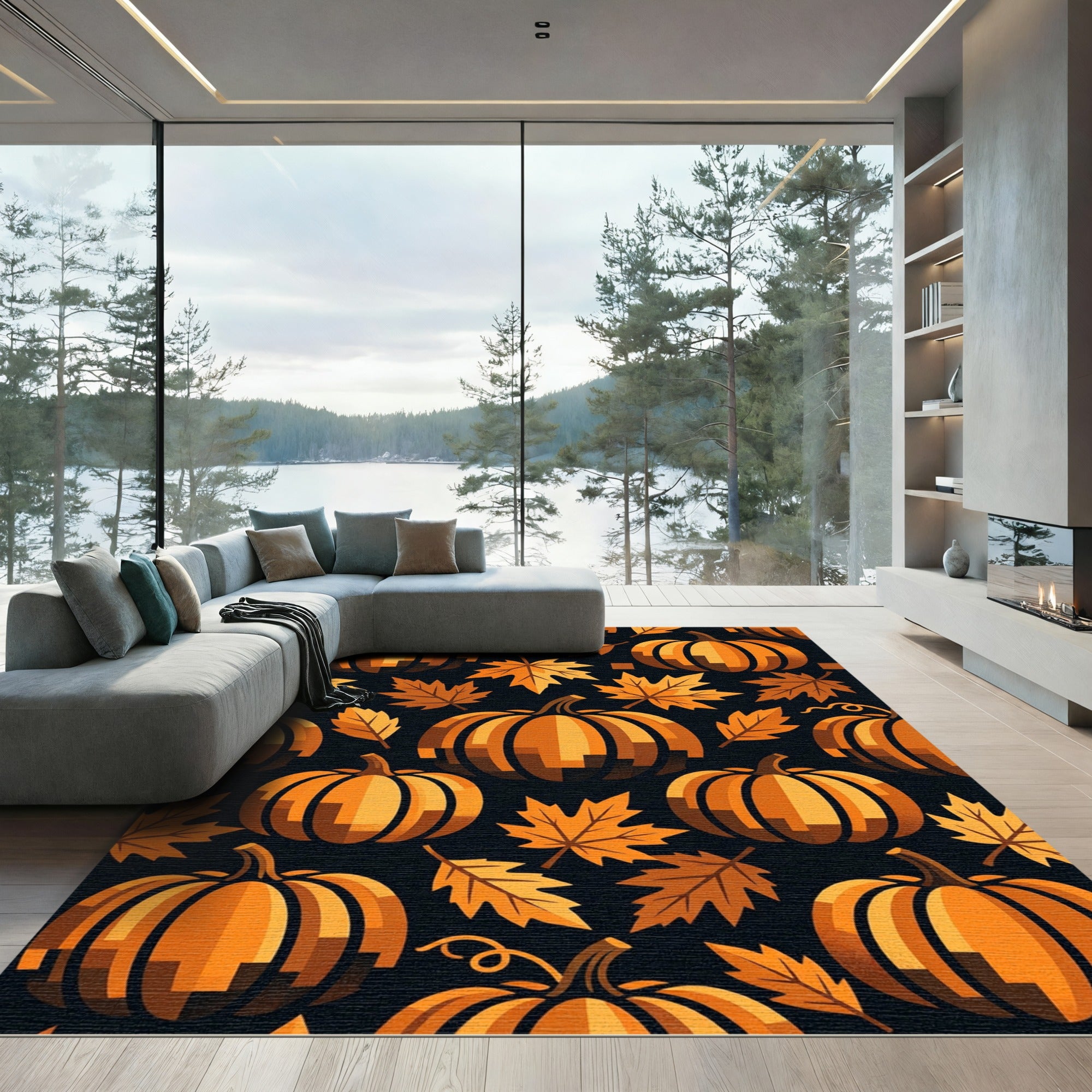 Autumn Harvest Pumpkin and Maple Leaf Rug
