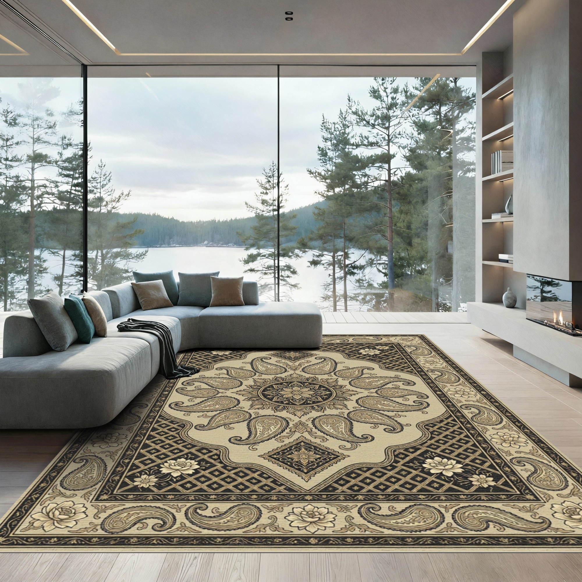 Elegant Beige Paisley Floral Medallion Rug