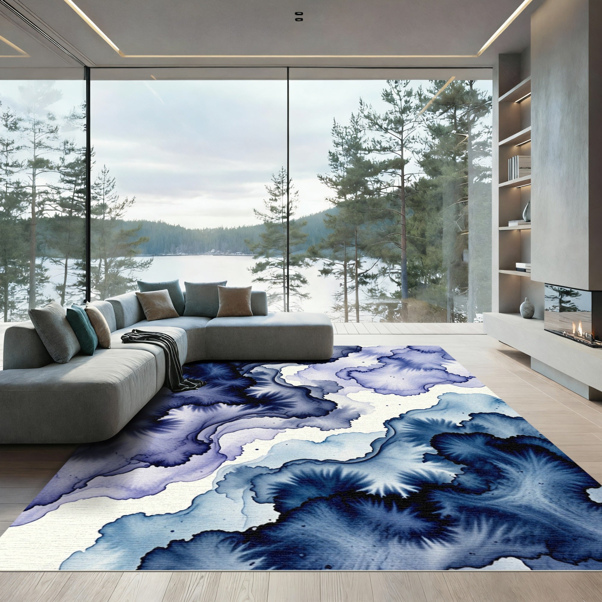Deep Indigo Feather Fluid Wash Rug