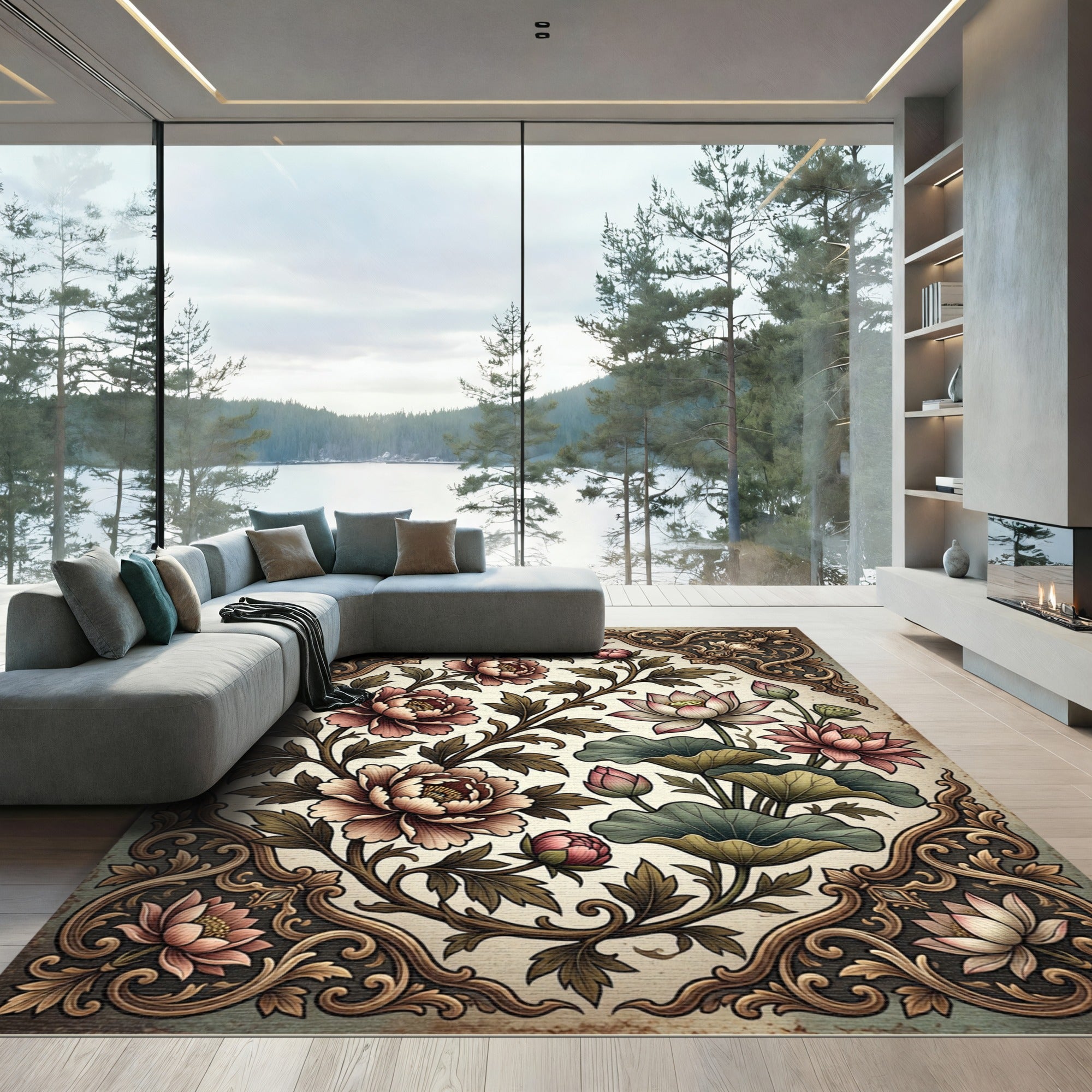 Antique Pink Peony Lotus Floral Frame Rug