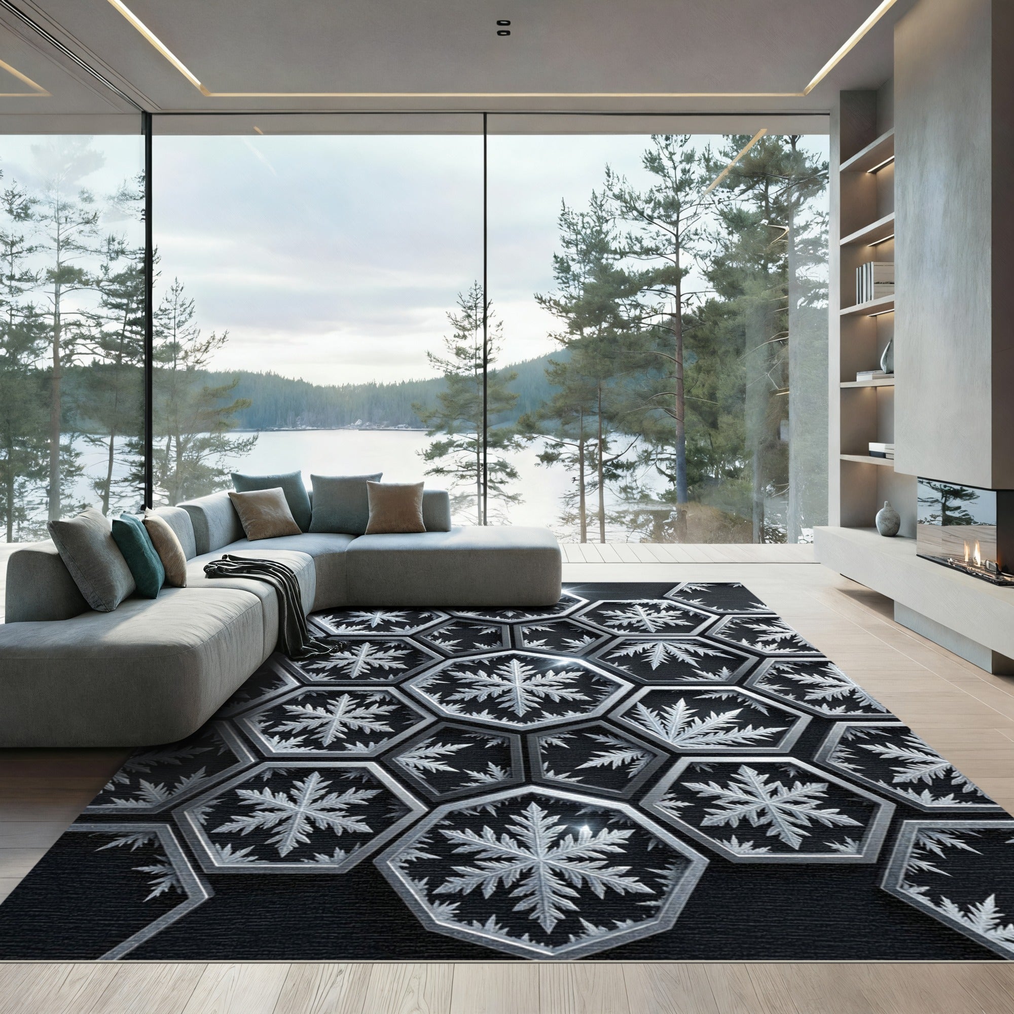 Monochromatic Hexagonal Frozen Snowflake Art Rug