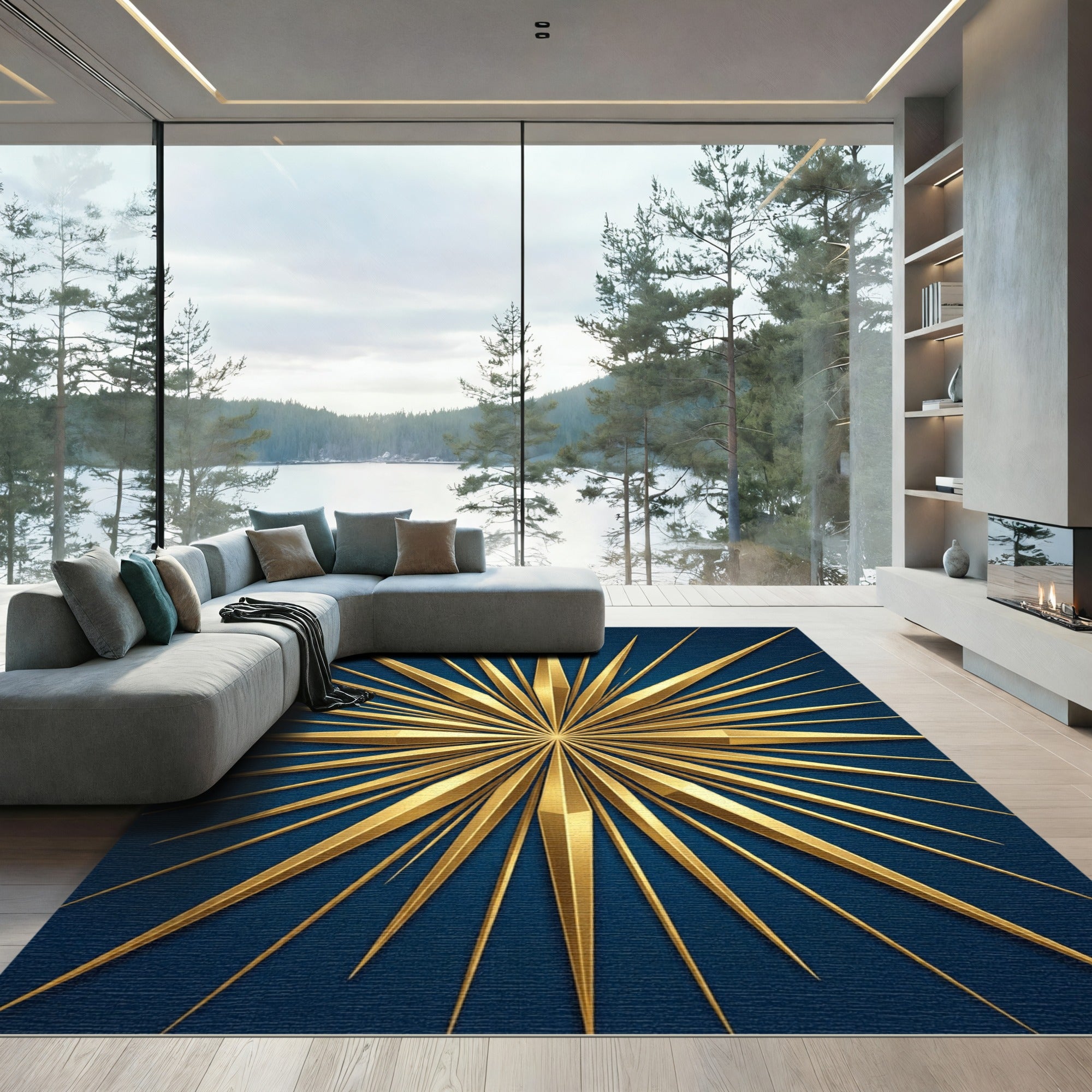 Radiant Golden Sunburst Navy Art Rug