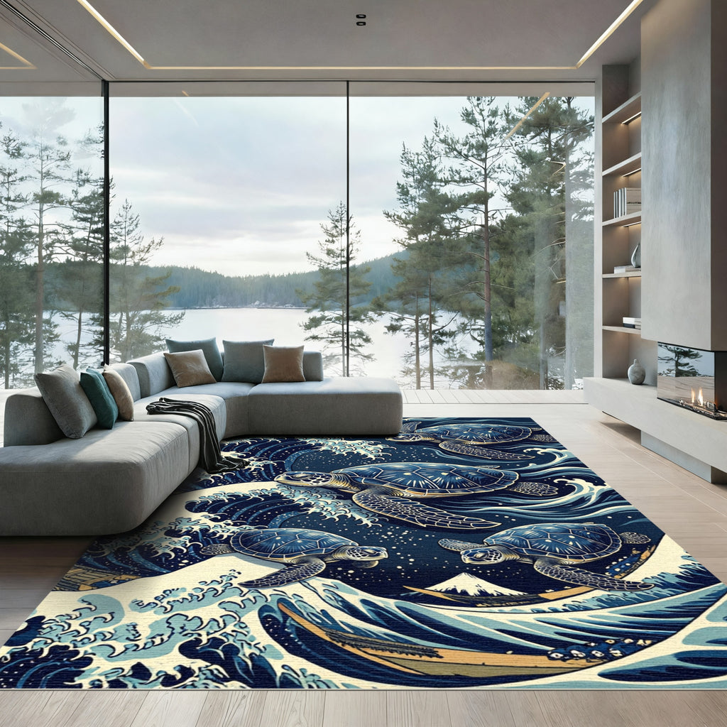 Japanese Sea Turtle Wave Scene Rug