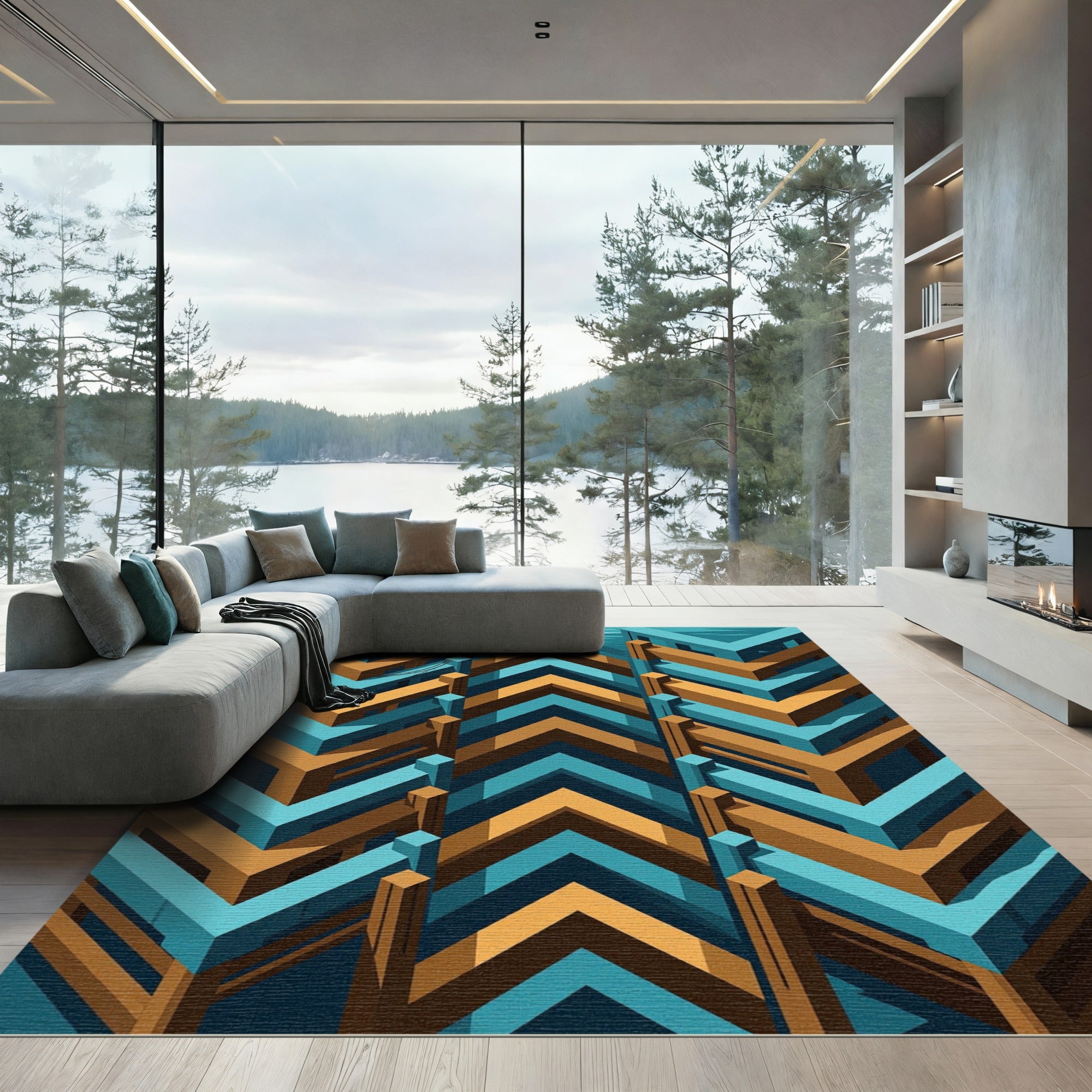 Geometric Teal and Amber Chevron Rug