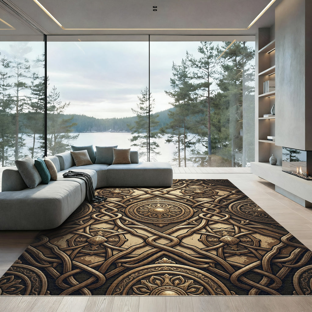 Ornate Gold Floral Lattice Medallion Rug