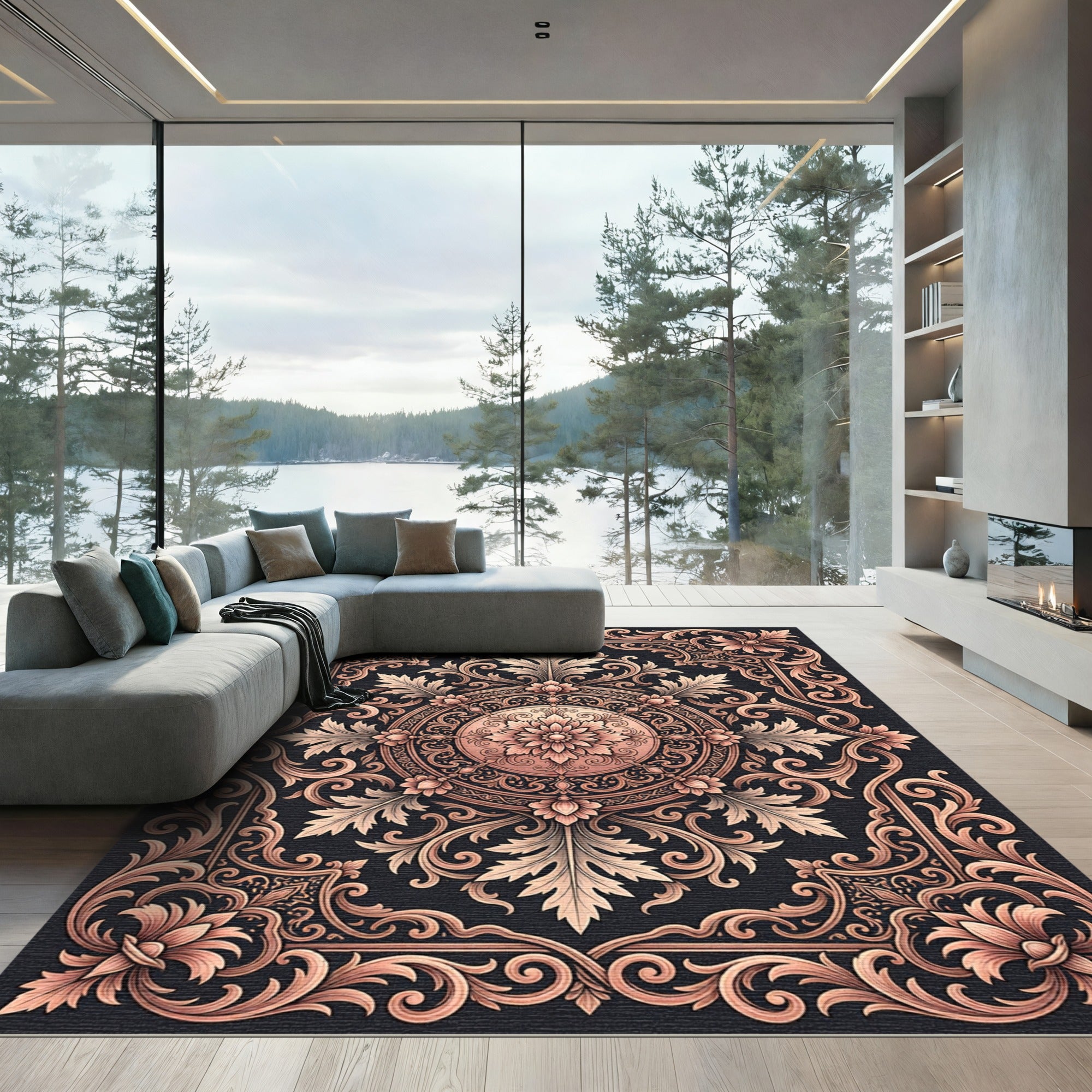 Ornate Rose Gold Floral Scrollwork Rug