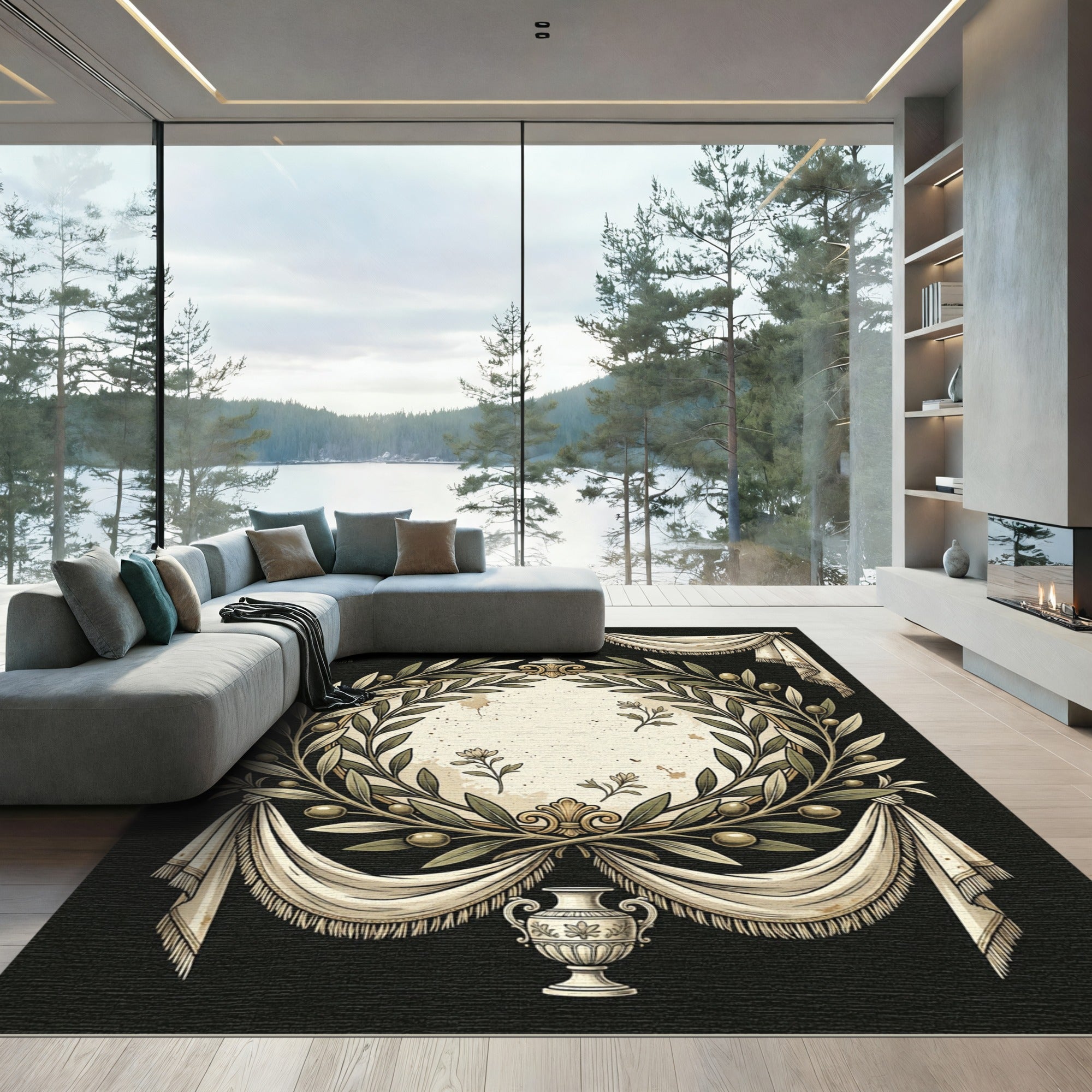 Neoclassical Olive Wreath Cream Black Medallion Rug