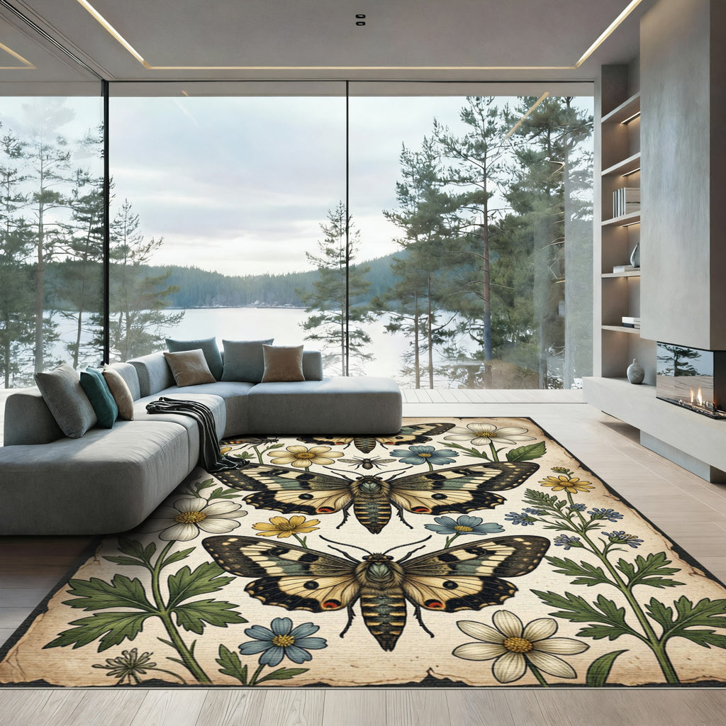 Whimsical Muted Floral Butterfly Garden Rug