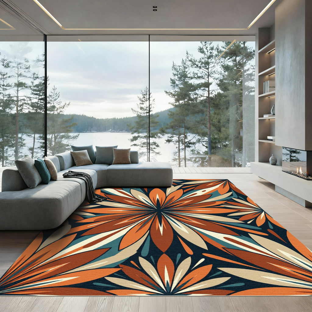 Retro Terracotta Floral Burst Art Rug