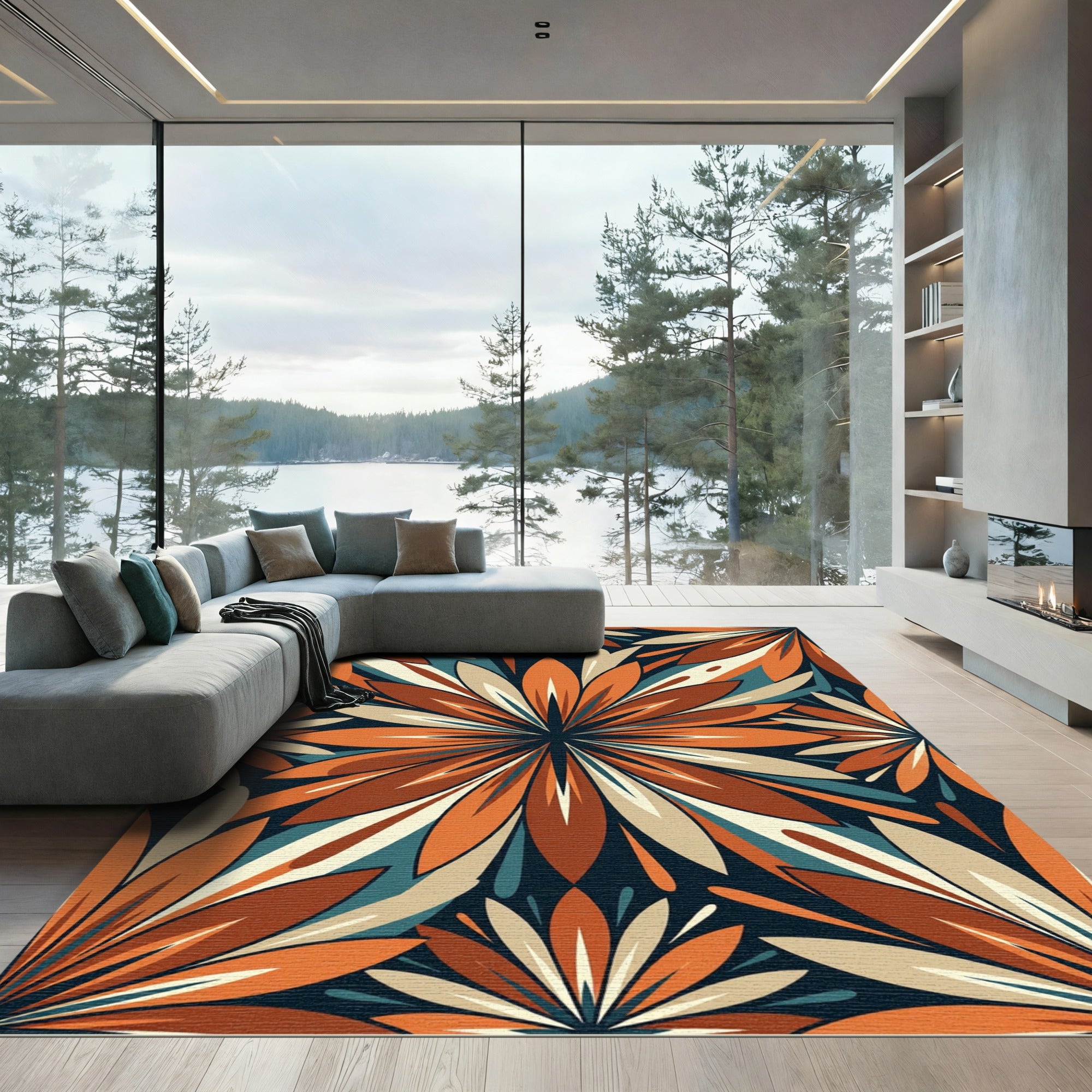 Retro Terracotta Floral Burst Art Rug