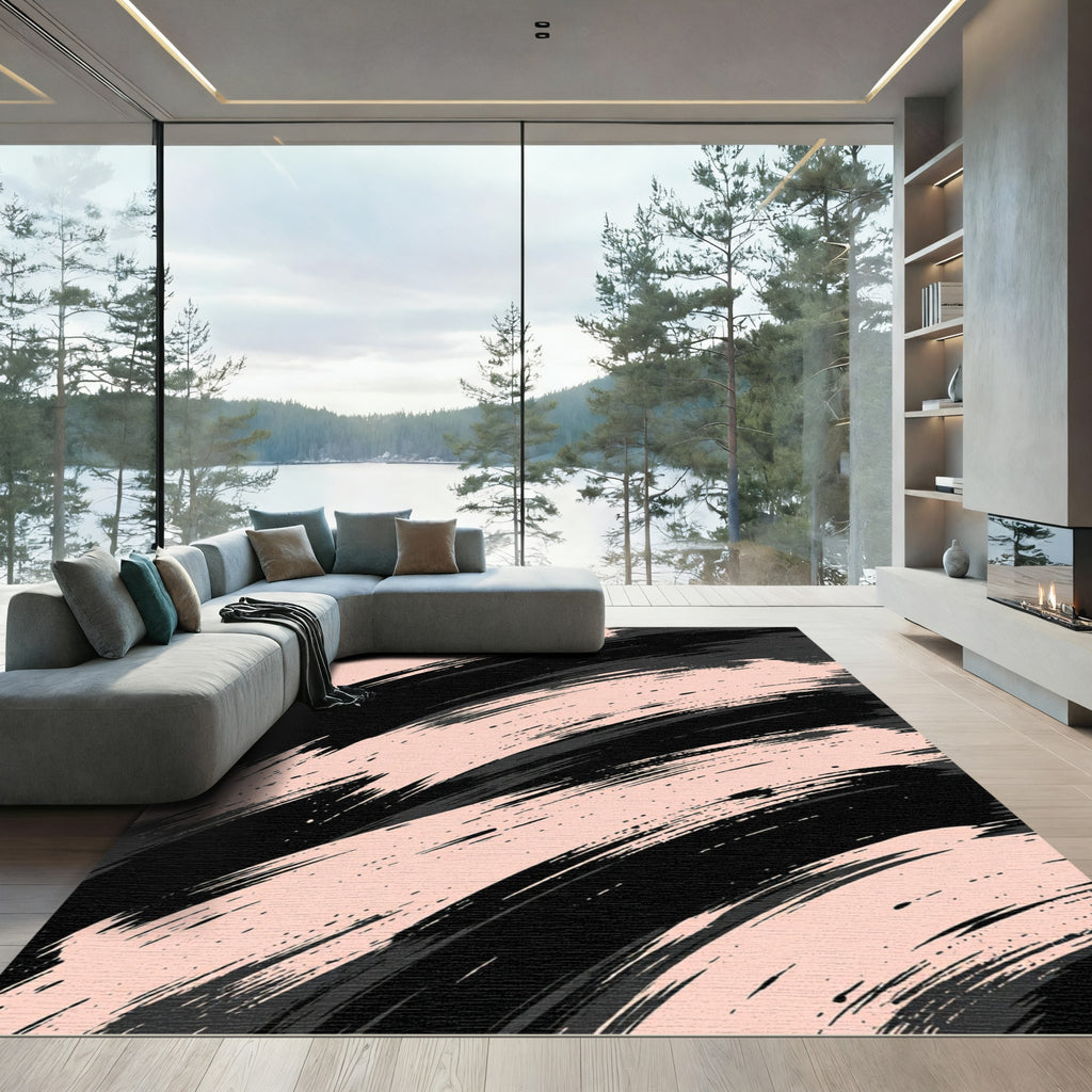 Modern Blush and Black Abstract Brushstroke Rug