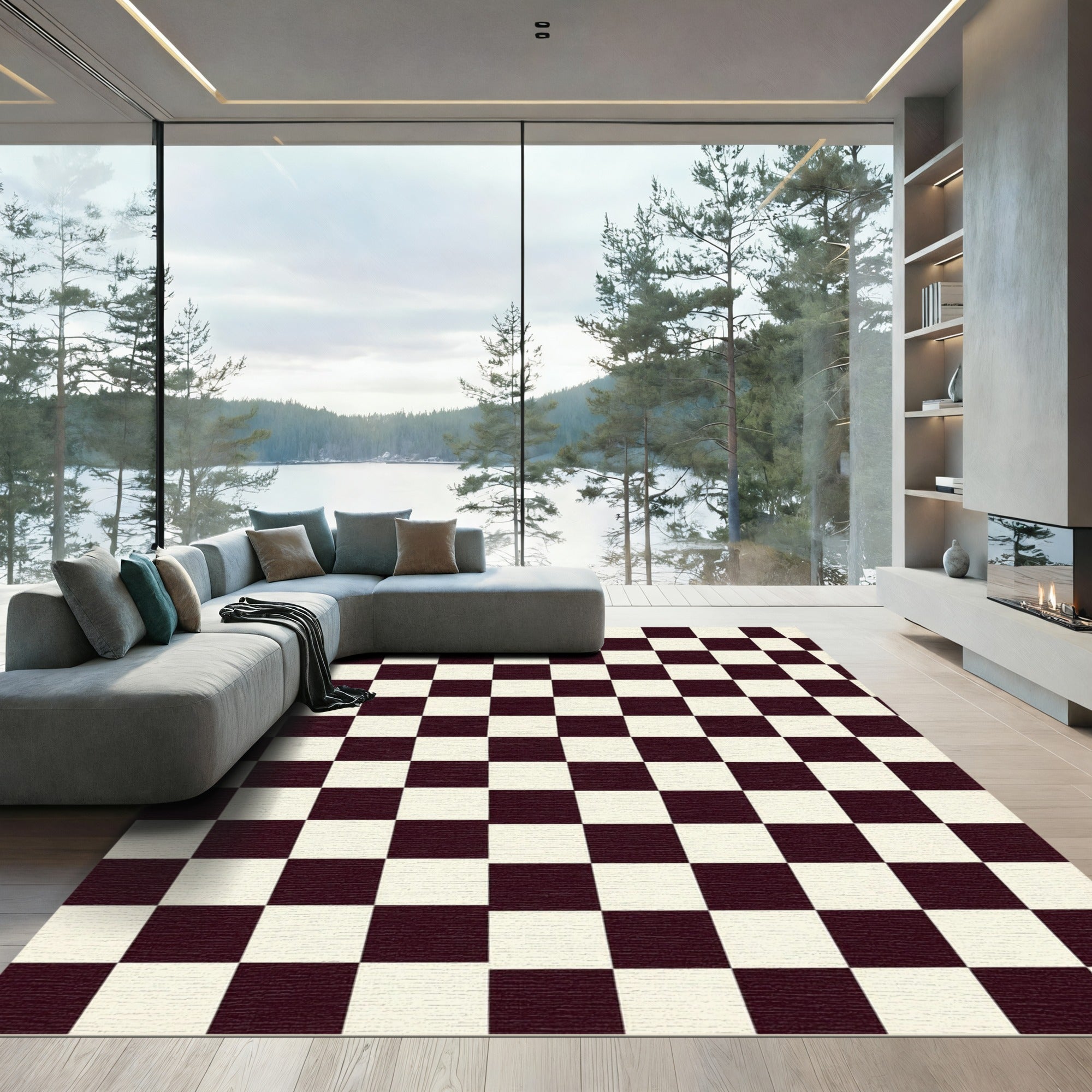 Classic Black White Checkered Grid Rug