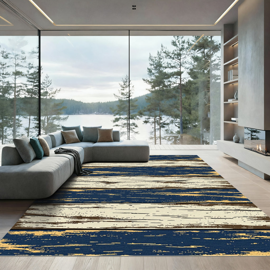 Distressed Navy and Cream Horizontal Plank Rug