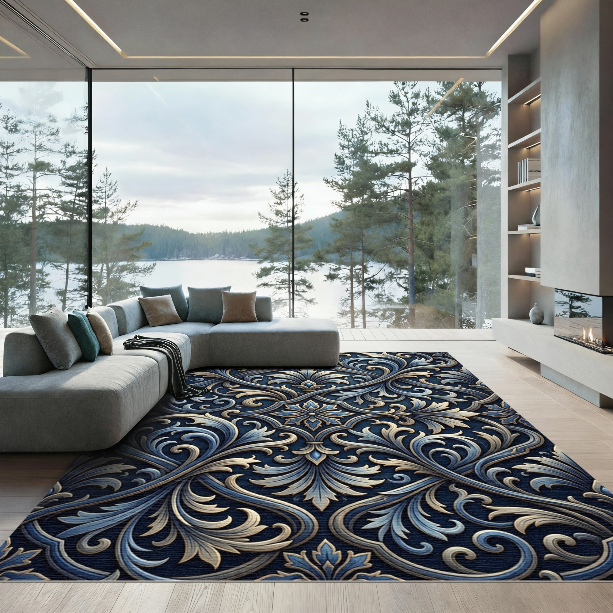Elegant Blue Gold Ornate Damask Rug