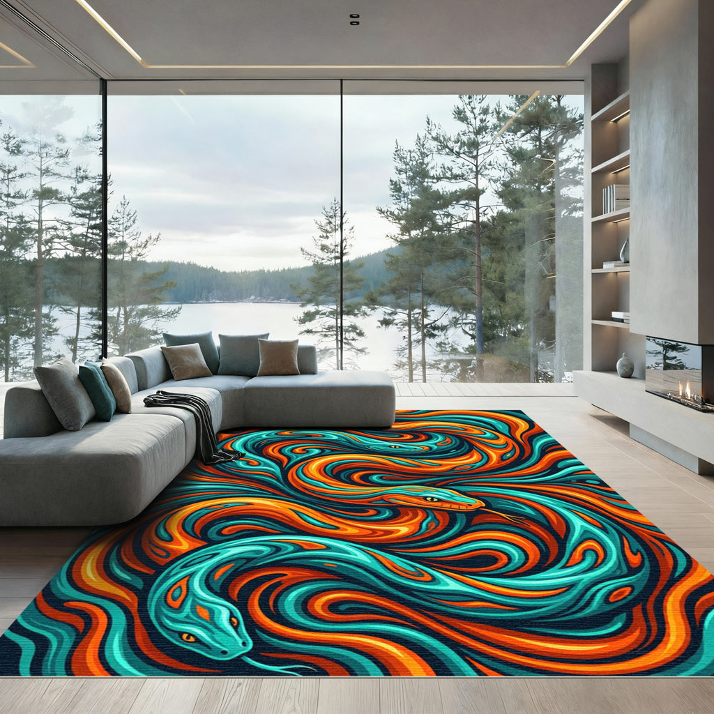 Vibrant Orange and Teal Serpentine Swirl Rug