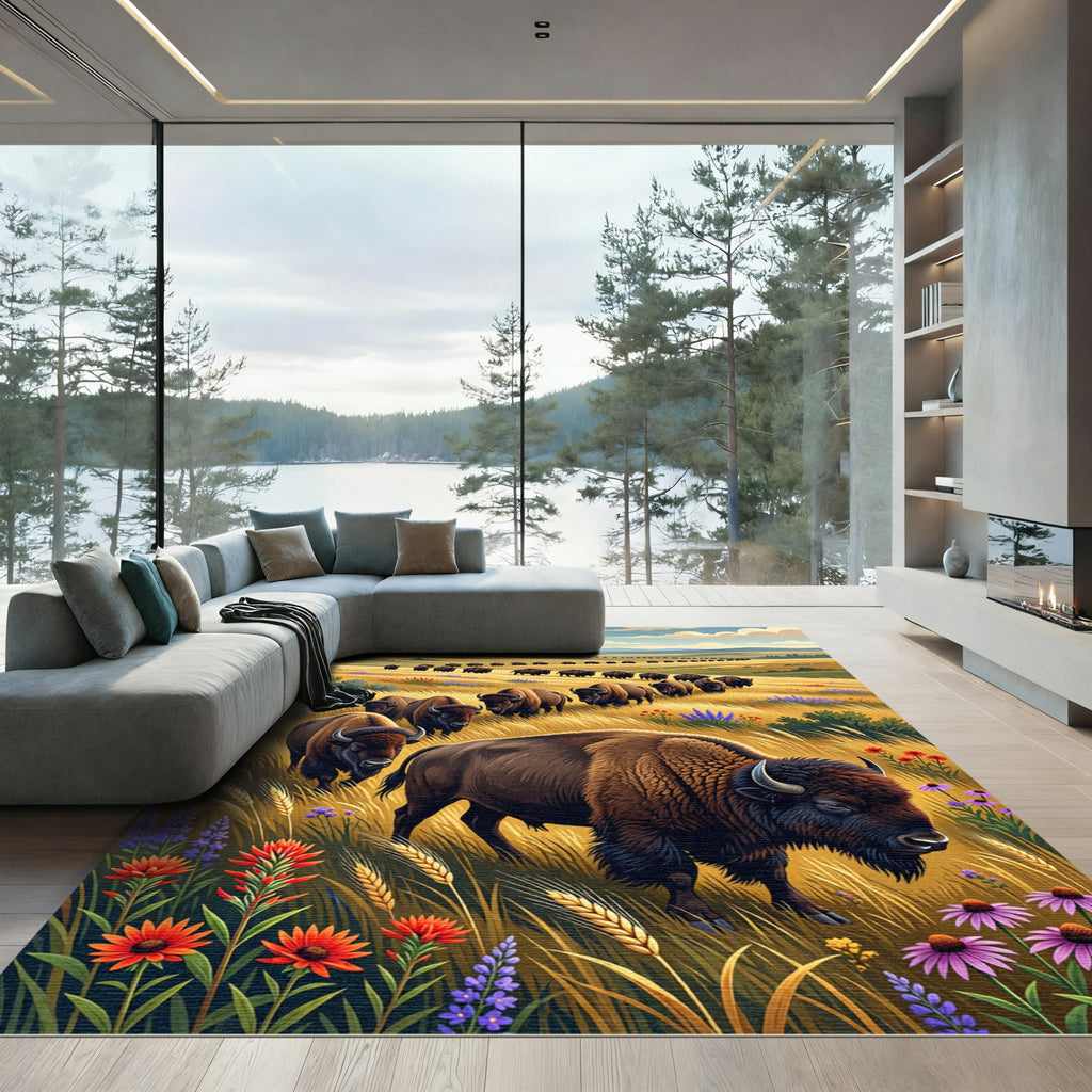 Majestic Bison Meadow Golden Fields Rug