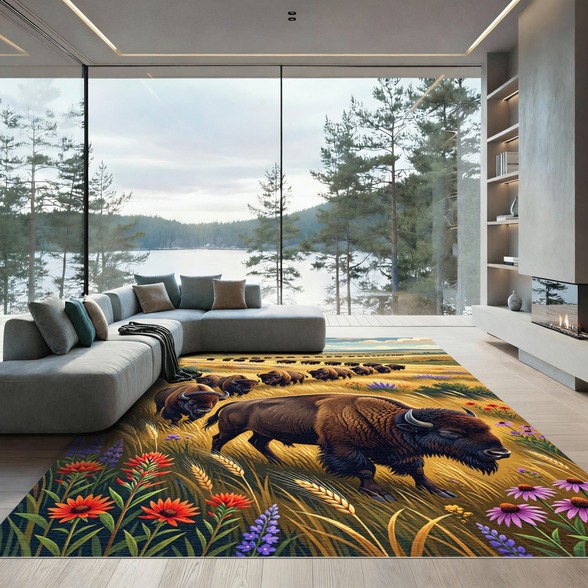 Majestic Bison Meadow Golden Fields Rug