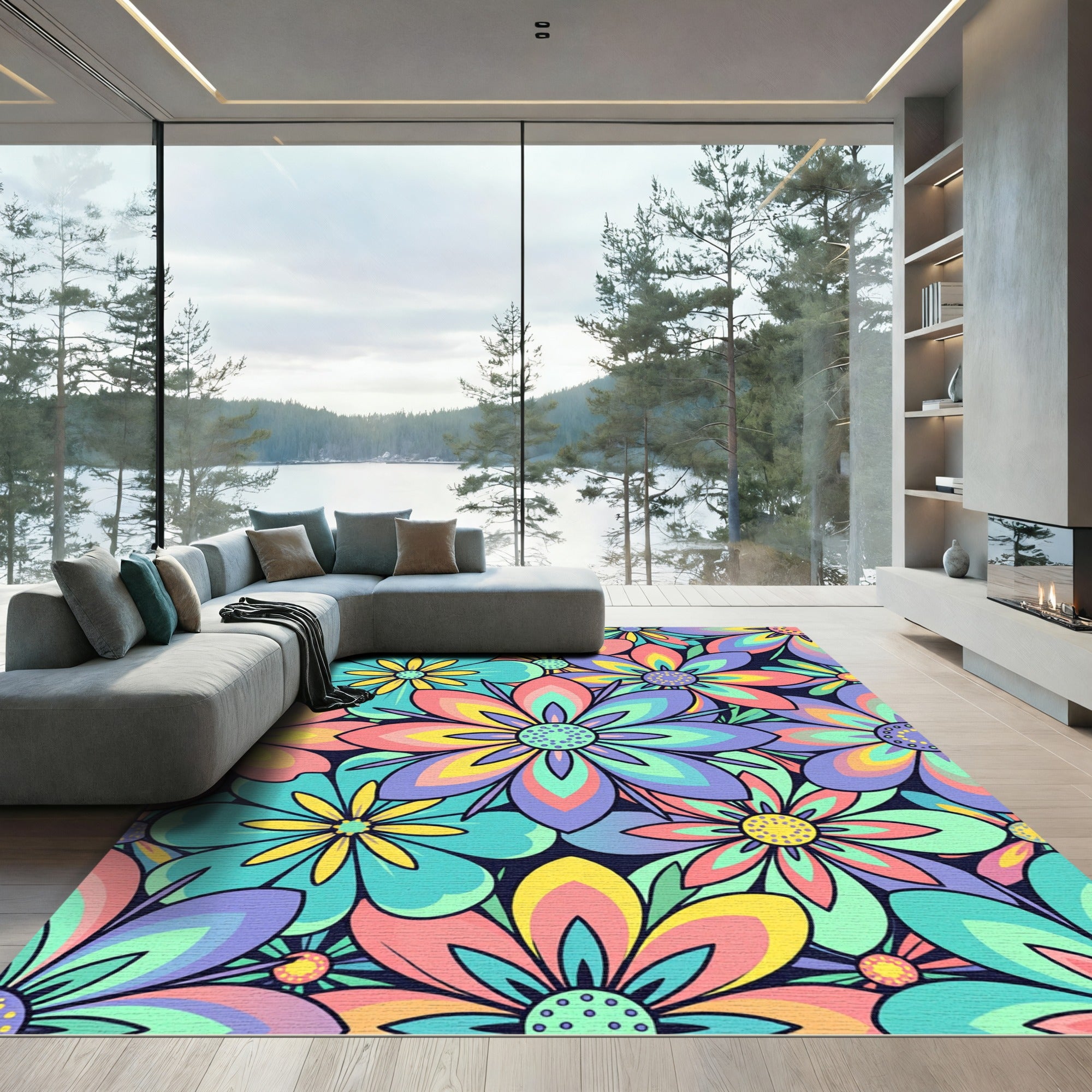 Vibrant Retro Multi Color Floral Garden Rug