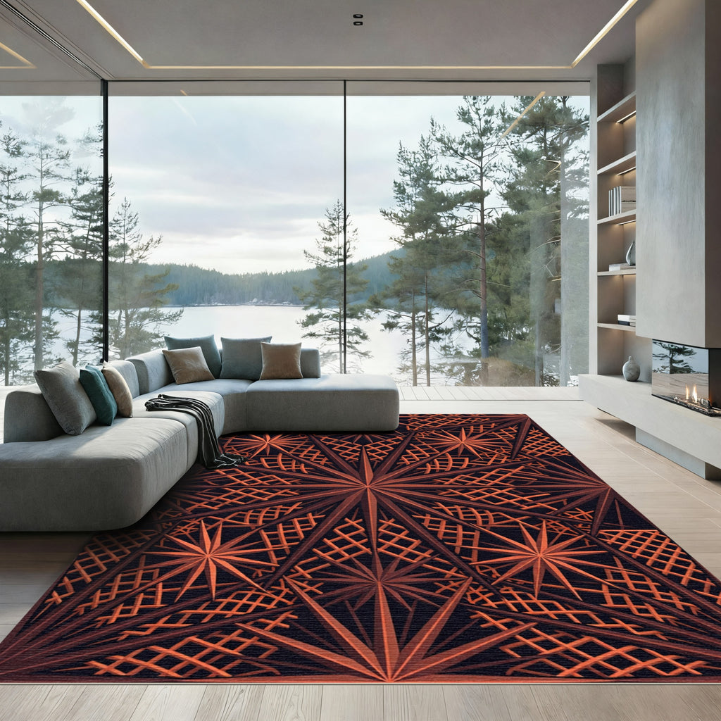 Geometric Copper Star Lattice Grid Rug