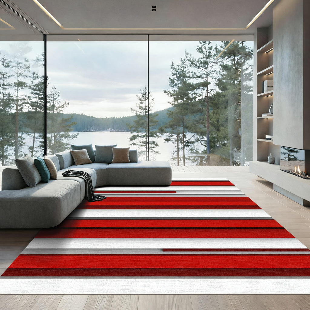 Bold Red White Horizontal Stripe Rug