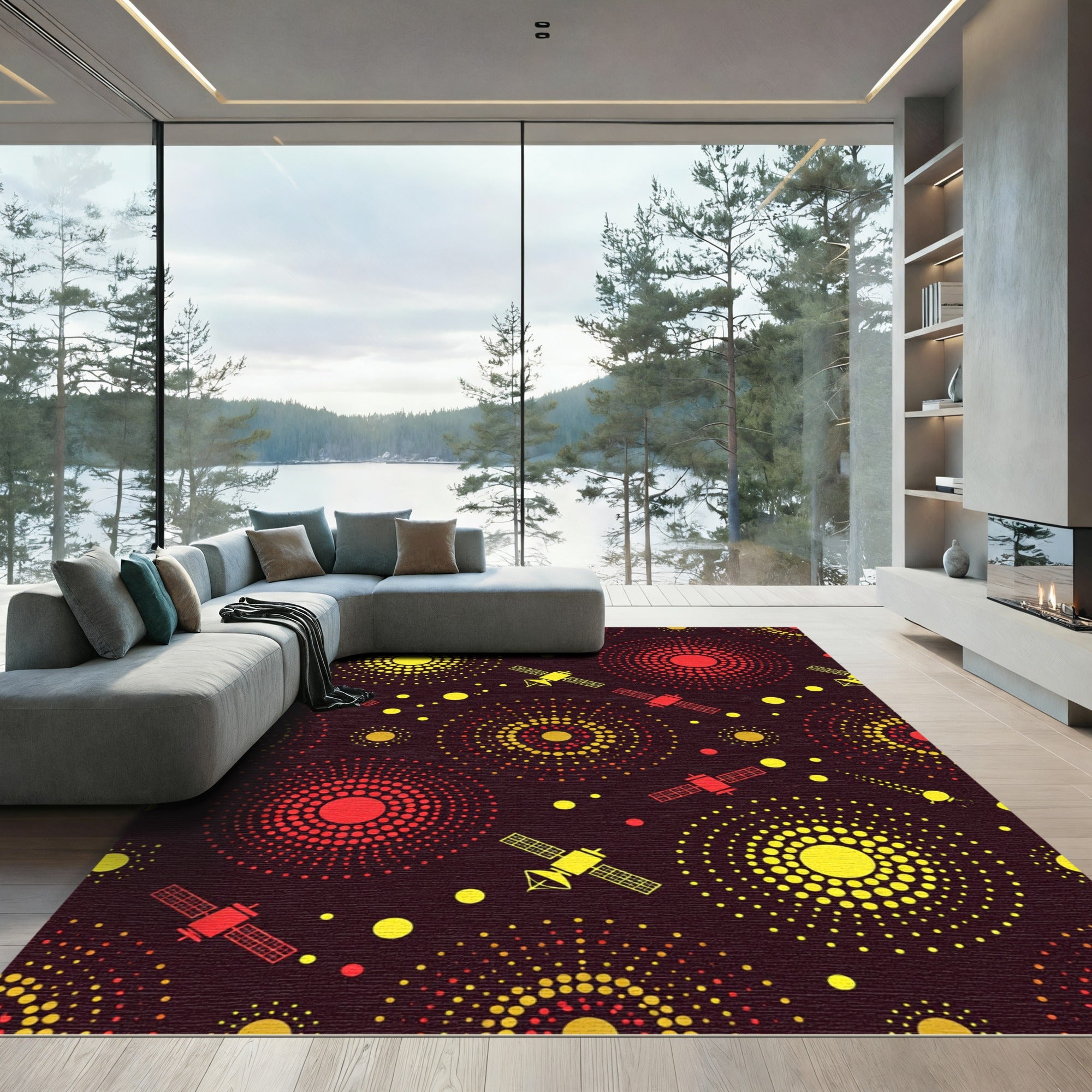 Cosmic Satellite Burst Red Yellow Rug