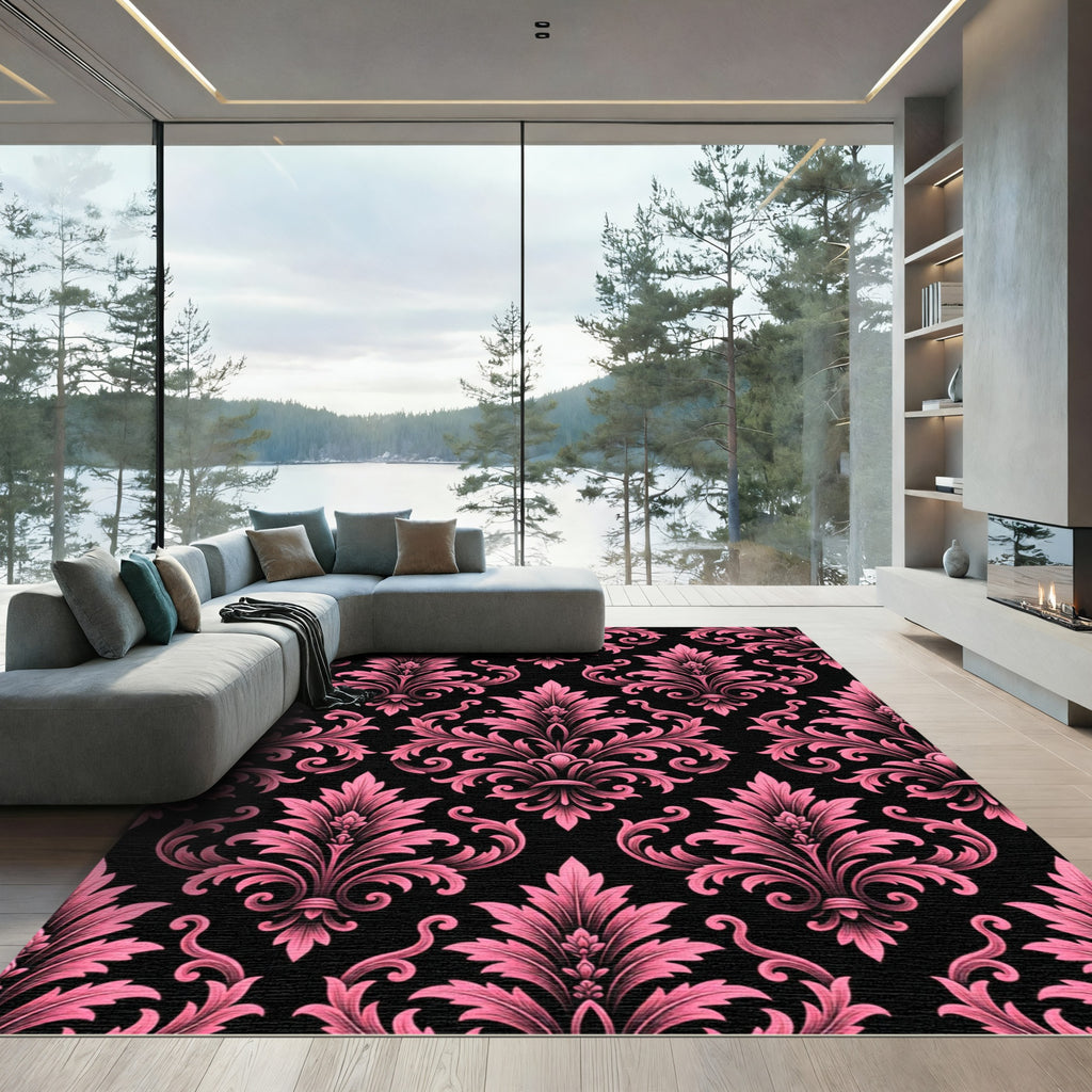 Pink Gothic Damask Filigree Flourish Rug