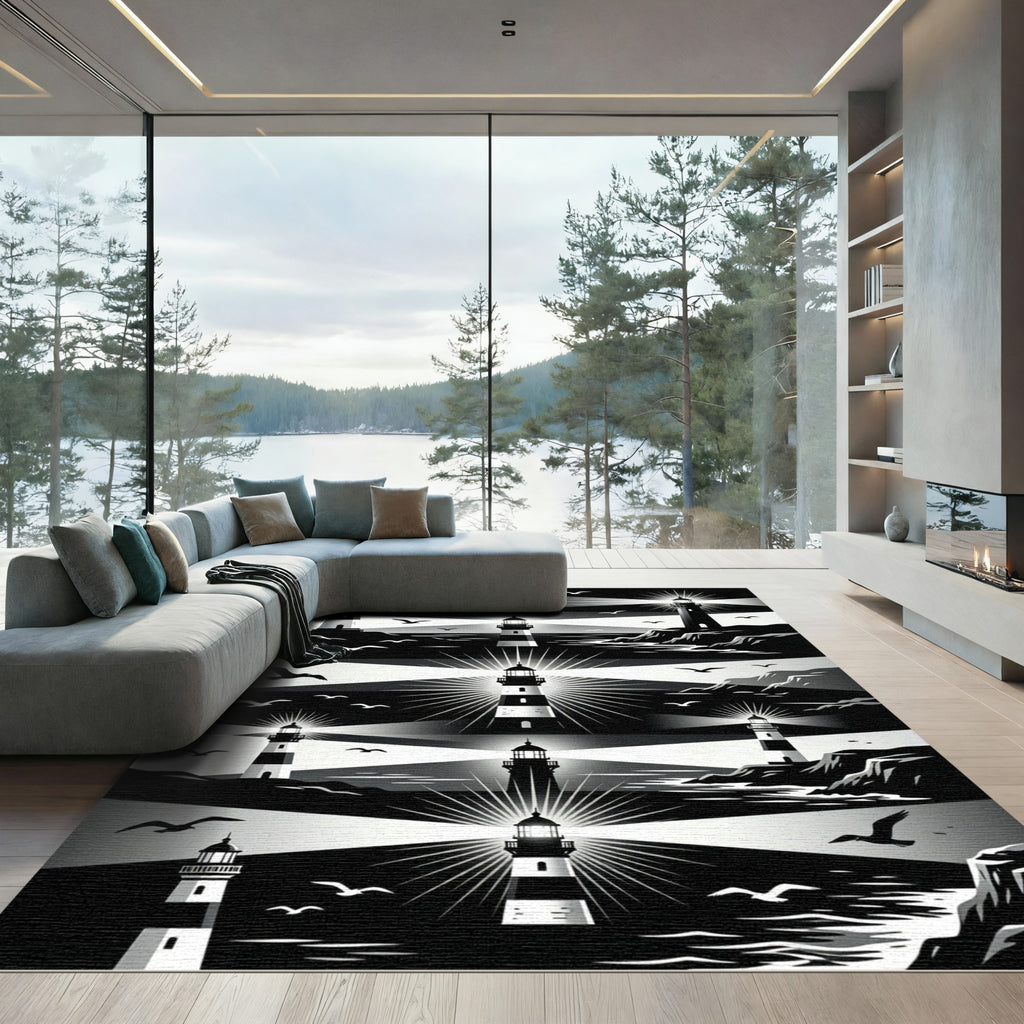 Monochromatic Coastal Lighthouse Graphic Art Rug