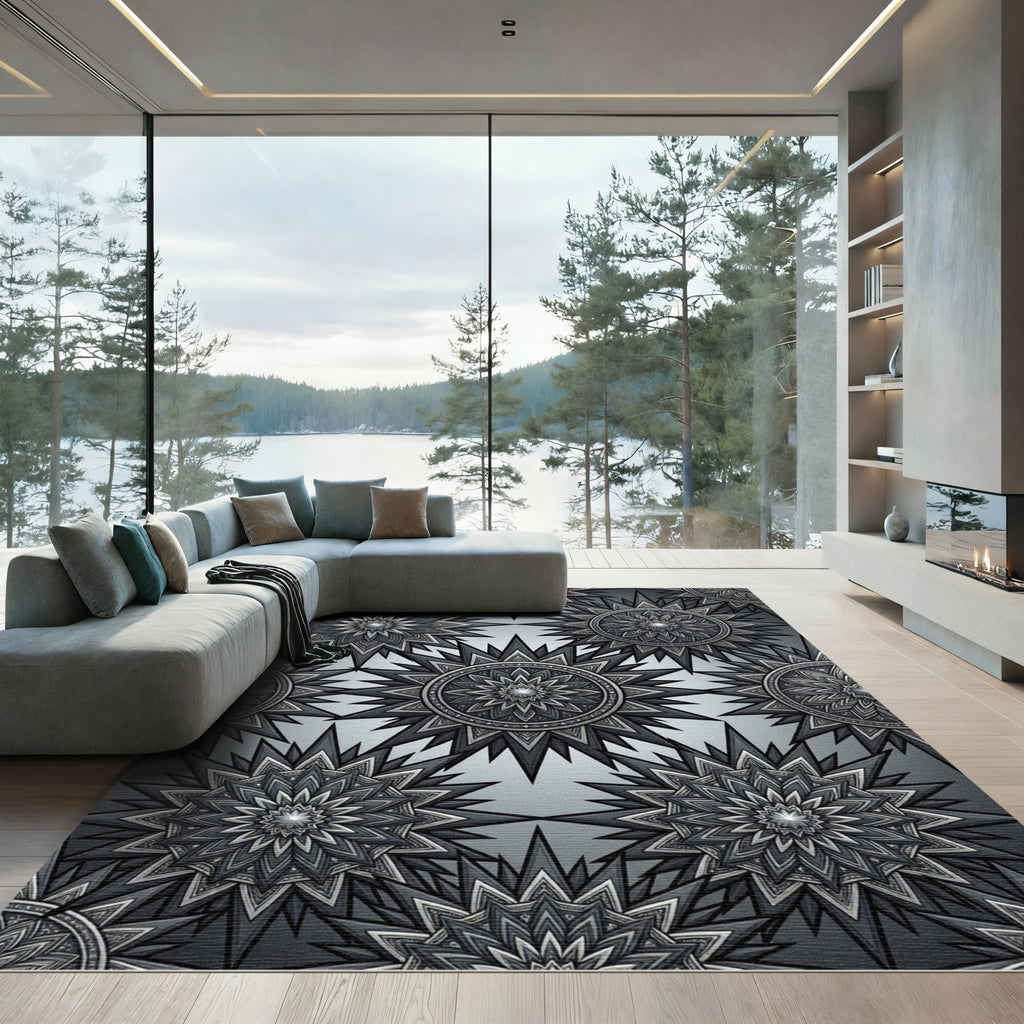 Monochromatic Celestial Starburst Geometric Tile Rug