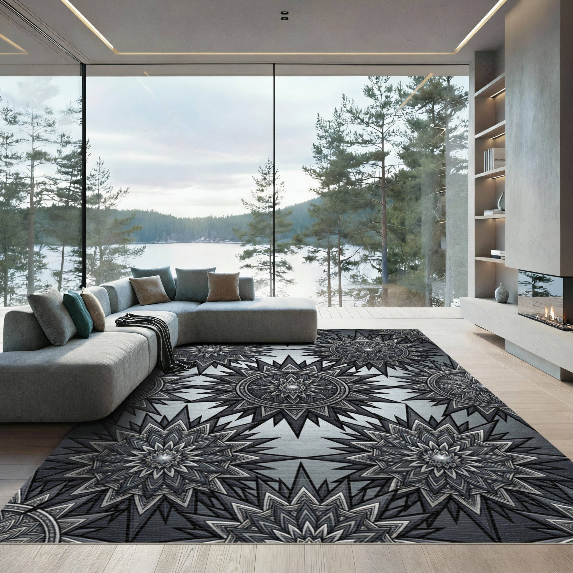 Monochromatic Celestial Starburst Geometric Tile Rug