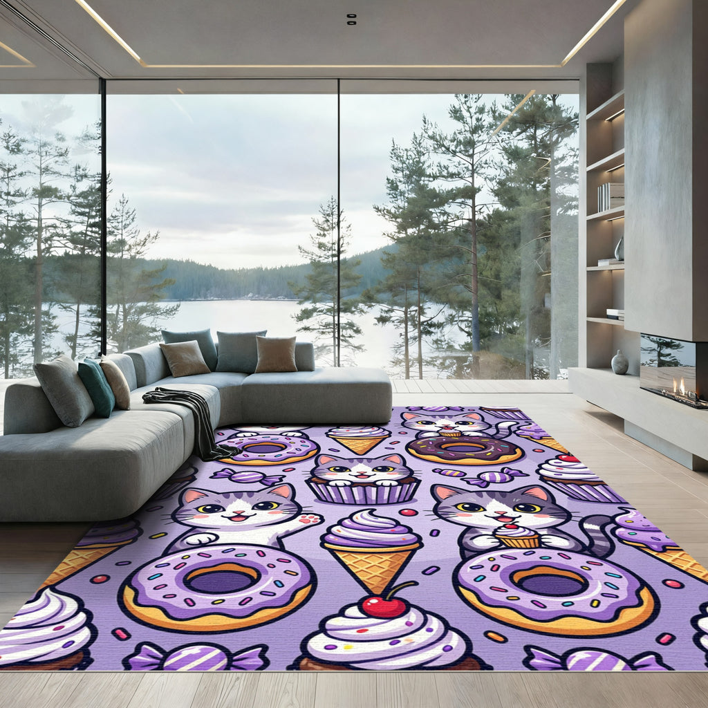 Playful Purple Kitten Treat Pattern Rug