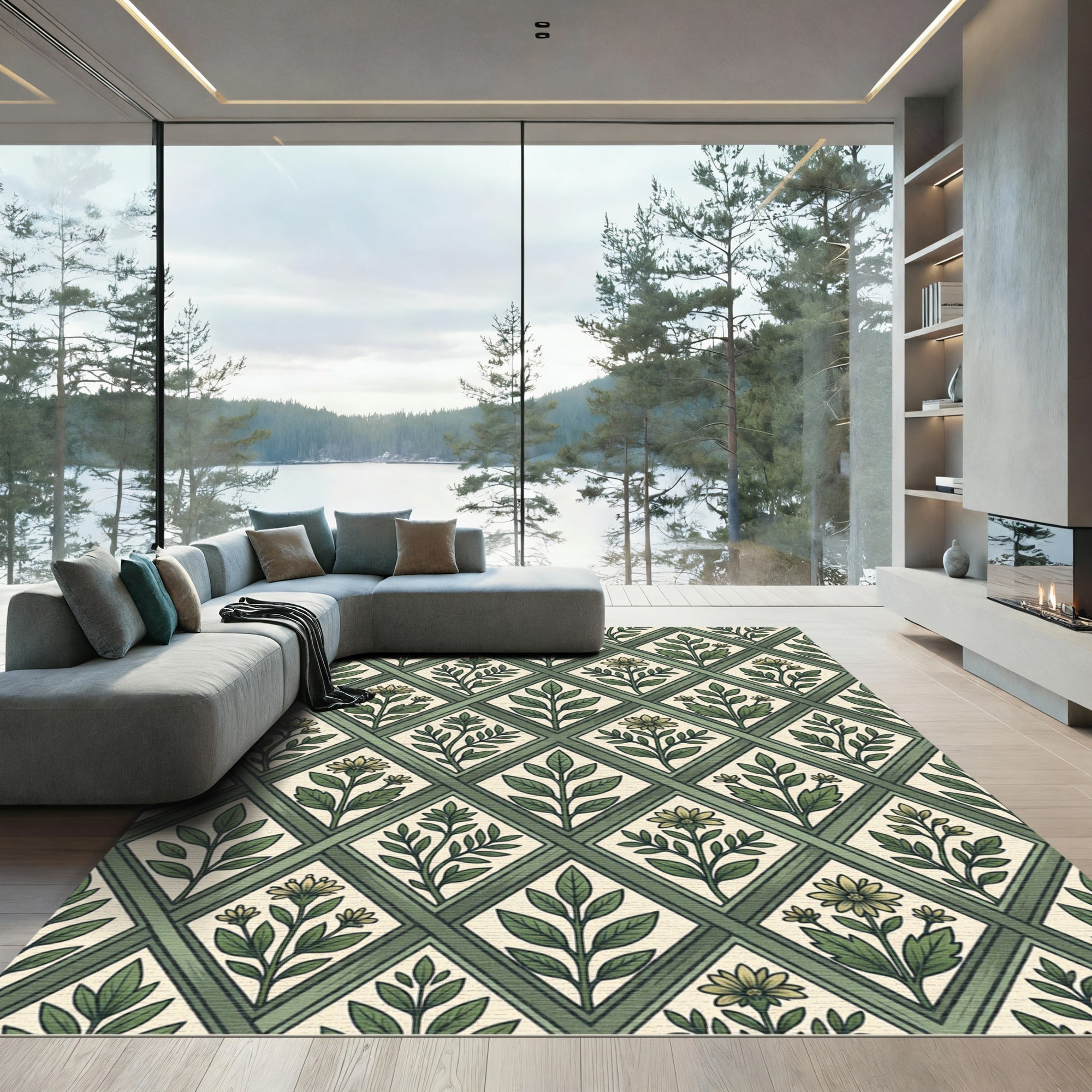 Sage Green Botanical Diamond Trellis Rug