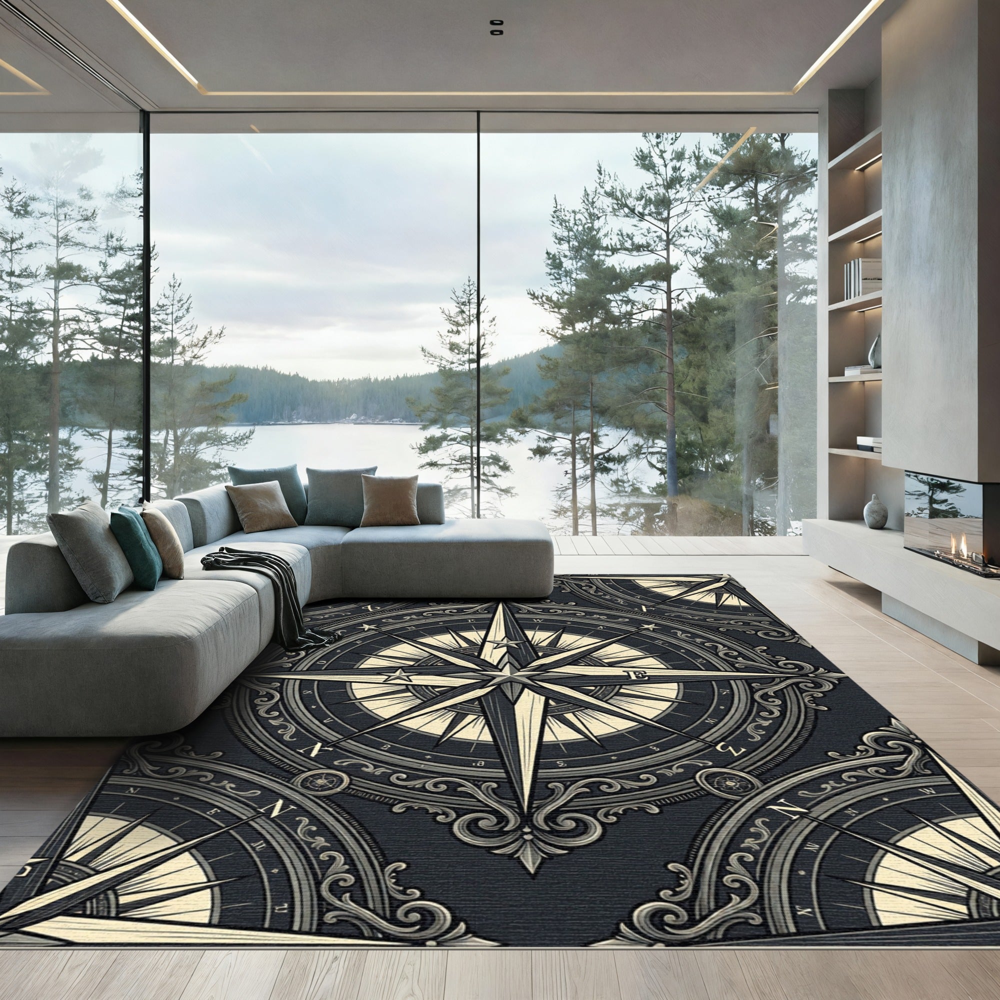 Ornate Nautical Compass Star Black Cream Rug