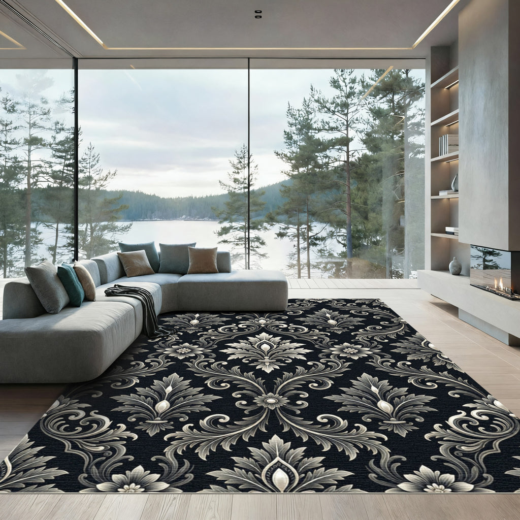 Elegant Black and Silver Damask Rug