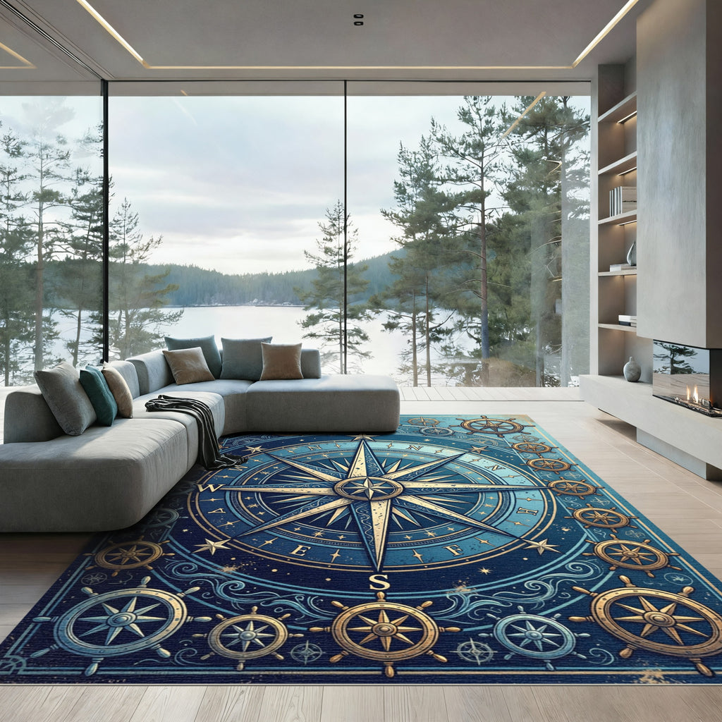 Celestial Nautical Compass Gold Blue Rug