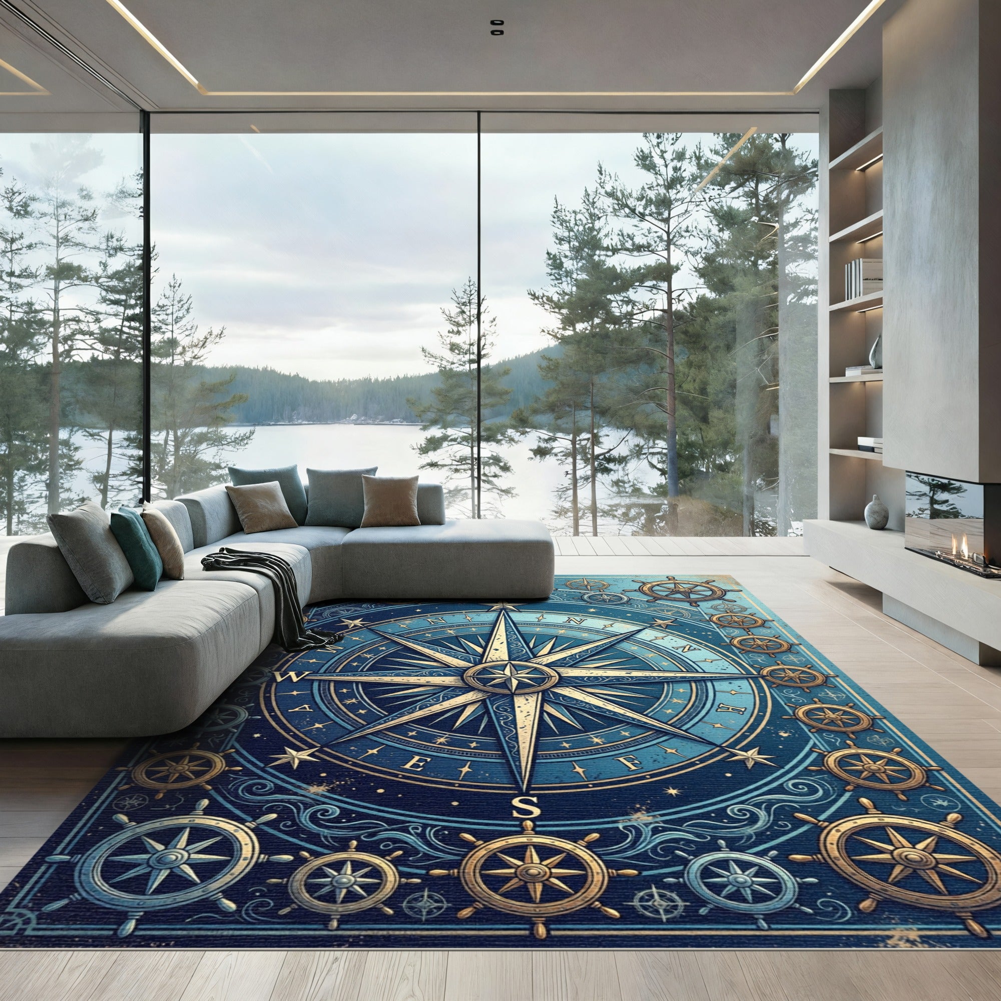 Celestial Nautical Compass Gold Blue Rug