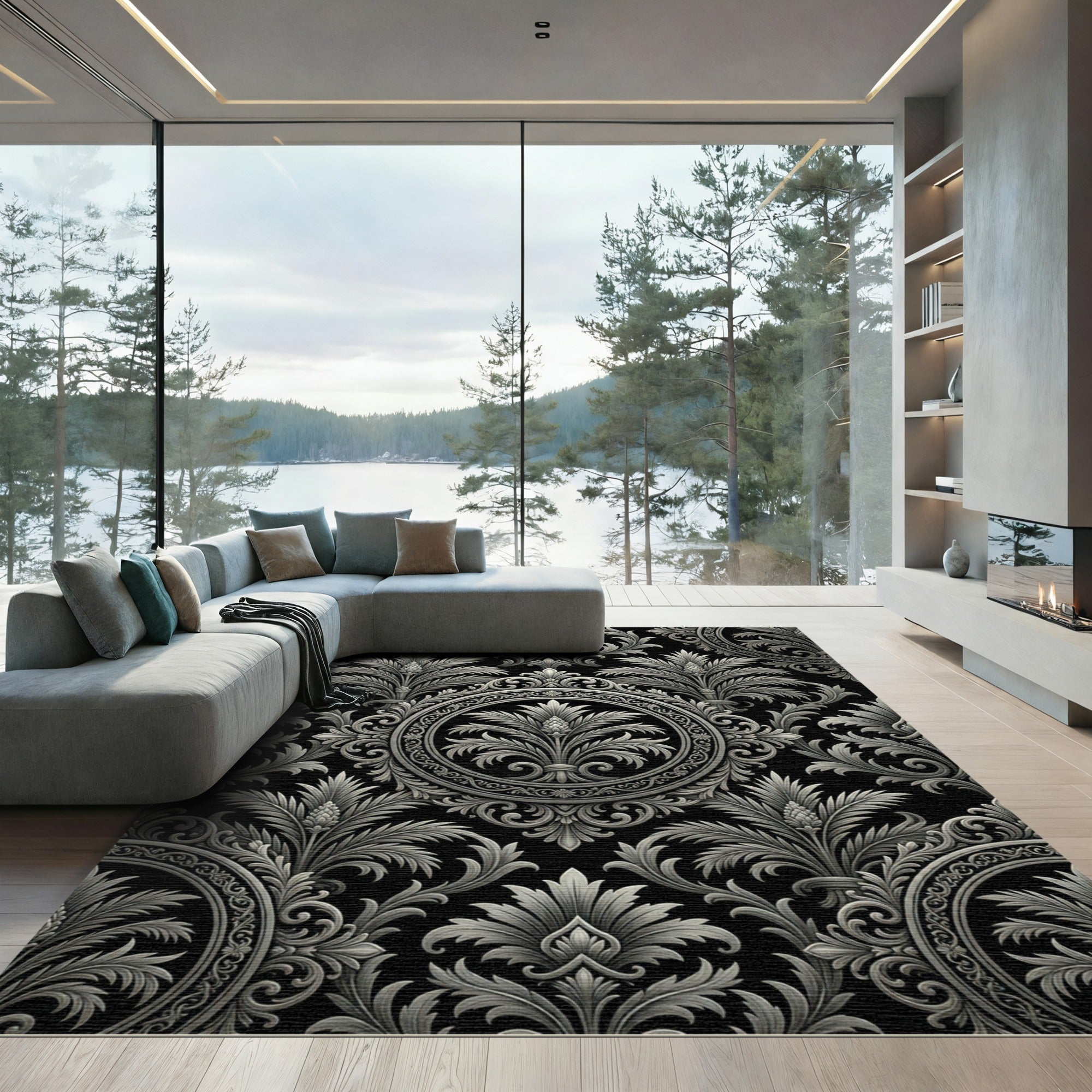 Monochromatic Ornate Floral Scroll Rug