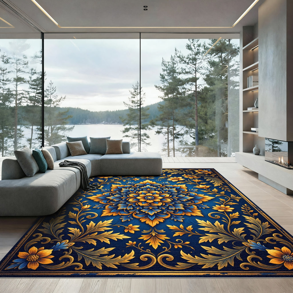 Ornate Golden Blue Floral Medallion Rug